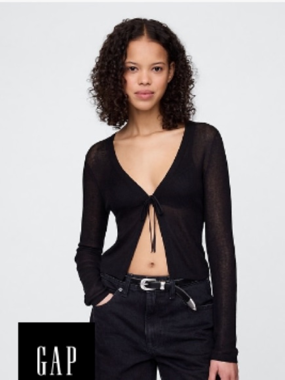 GAP Black sheer rib cropped tie-front cardigan